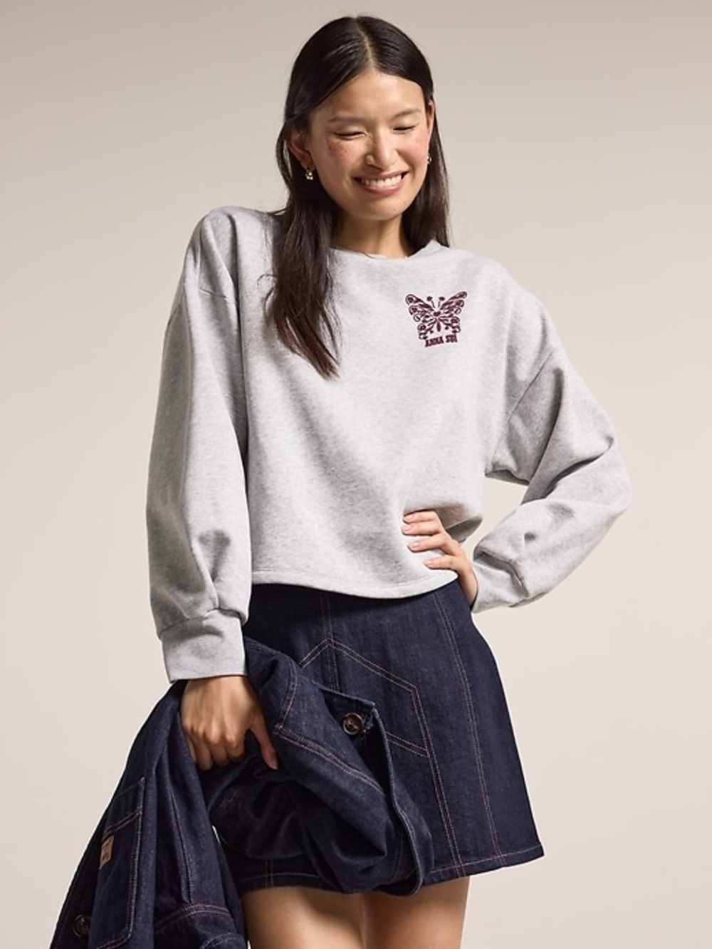 ANNA SUI X Old Navy Gray Butterfly Cropped Sweatshirt Size Medium